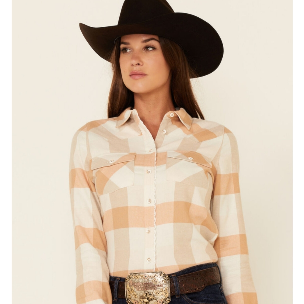 Shyanne Women's Tan Plaid Button Down Shirt